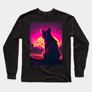 Stray Cat Watching Synthwave Sunset In Apocalyptic City Long Sleeve T-Shirt